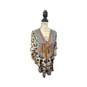 Land & Creation Boho Animal Print Beaded Kaftan Tunic – One Size